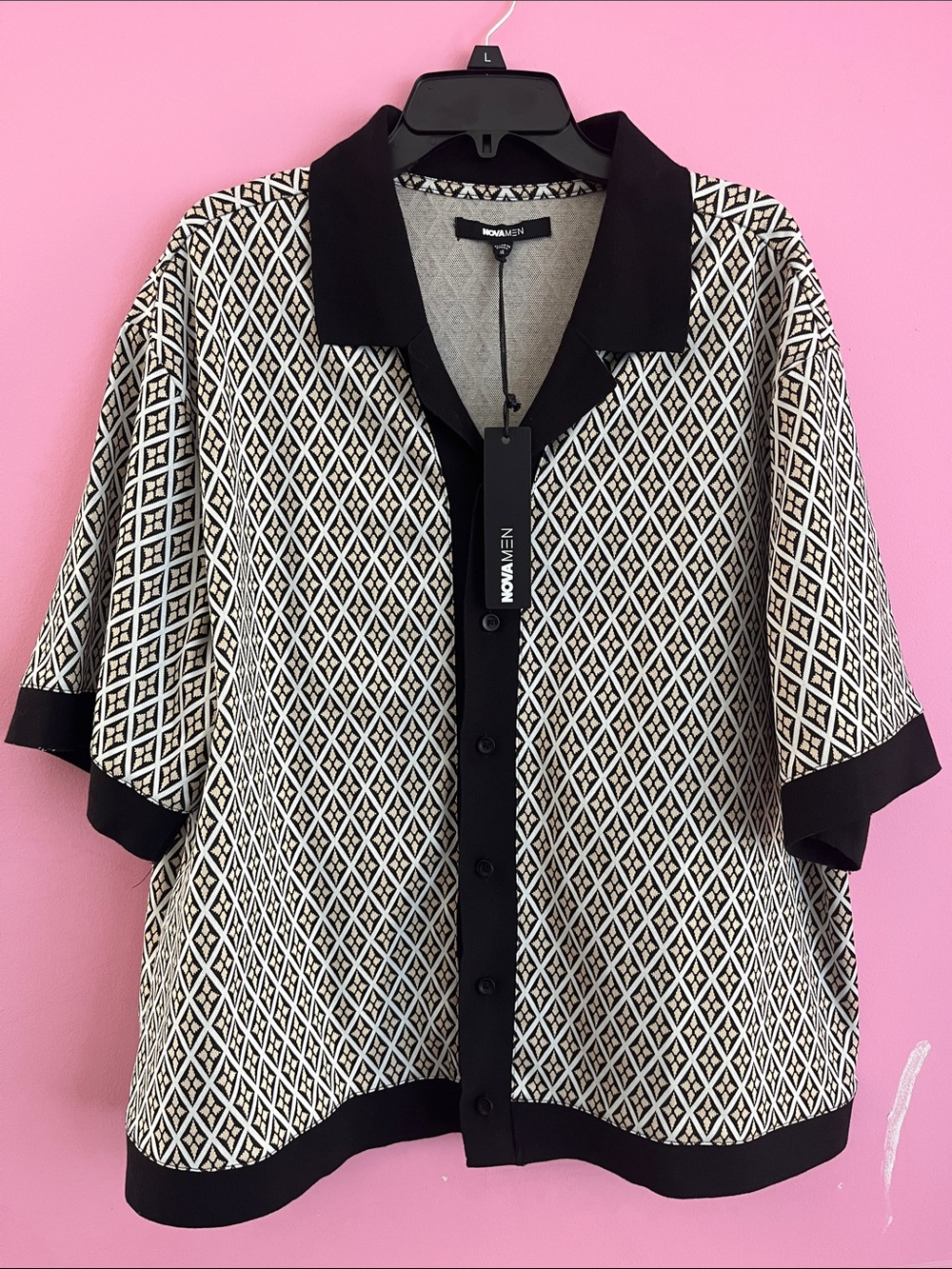 NovaMen Fashion Nova Rushmore Knit Diamond Print Short-Sleeve Button-Down Shirt